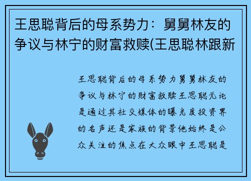 王思聪背后的母系势力：舅舅林友的争议与林宁的财富救赎(王思聪林跟新)