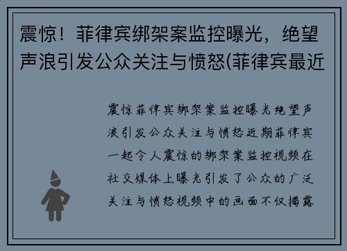 震惊！菲律宾绑架案监控曝光，绝望声浪引发公众关注与愤怒(菲律宾最近绑架案)